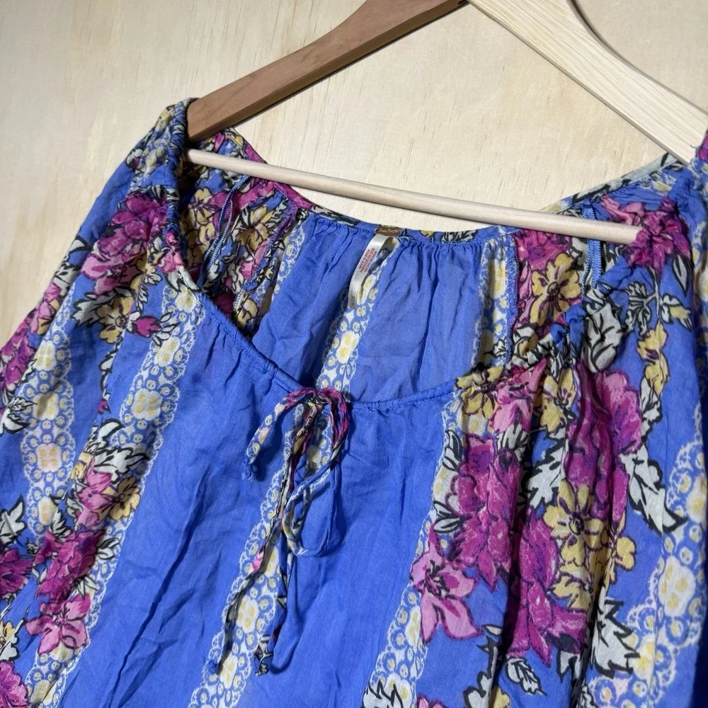 Free People Floral Peasant Boho Blouse Women's Medium Blue 3/4 Sleeve Top